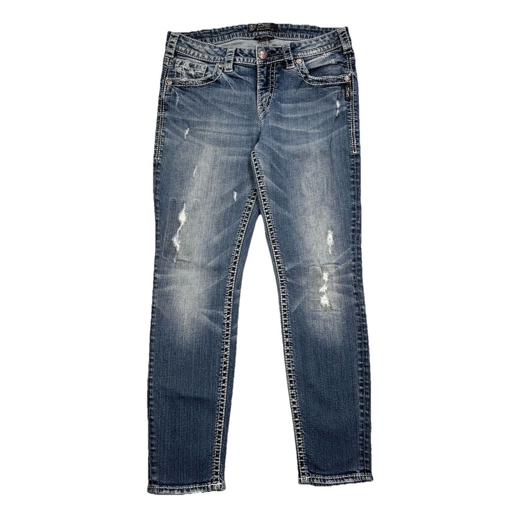 Silver Jeans Lola 29 Womens Boyfriend Skinny Distressed Blue Measures 30 x 27.5